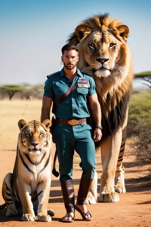 imagine the following scene

On the African plain, a beautiful plain, during the day. An inclement sun.

In the center of the image, a beautiful man stands next to a large lion to his right and a tiger to his left.

The lion and tiger are beautiful, very detailed.

The man is Latino, blonde hair, very muscular, very large and bright blue eyes, long eyelashes, full and pink lips.

The man wears an explorer's uniform. Wear leather sandals.

The shot is wide to see the details of the scene.