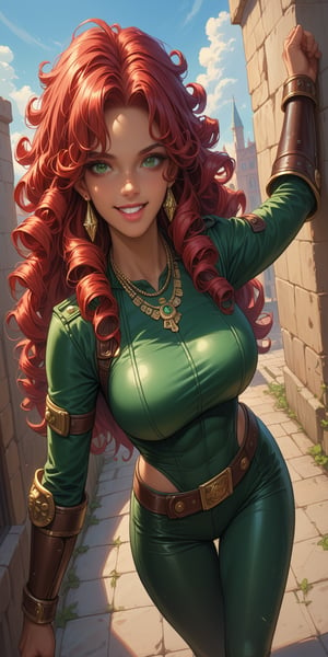 score_9, score_8_up, score_7_up, addXL, 1girl, curvy, wide hips, toned thighs, big breasts, (tanned skin, long hair, curls, detailed hair), earrings, necklace, red hair, green eyes, dark green leather armor, leather arm guards, leather leggings, boots, happy, looking_at_viewer, cinematic angle