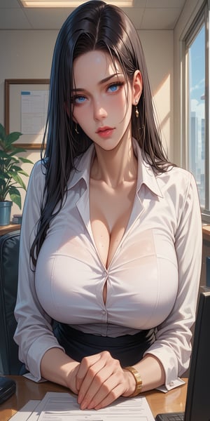 score_9_up, score_8_up, score_7_up, solo_focus, 1girl, huge_breasts, milf, long straight hair, blue eyes, black hair, white office shirt, black office skirt, pantyhose, office, table,