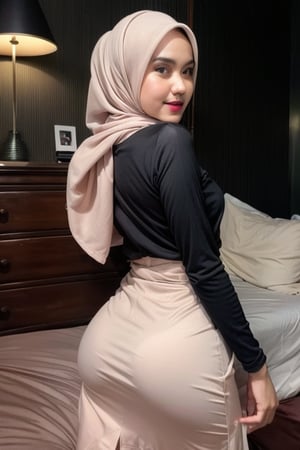 (Top quality, 32k, high contrast, UHD:1.2), lifelike rendering, Photo of Woman wearing beautiful Black Hijab, standing with beautiful curves body, camera from behind, show perfect little ass, body wearing  White Shirt, small flat breast, lower part of the body wearing Long brown Skirt, hes skirt covering the legs. 1girl, stunning, double eyelids, shiny eyes highly detailed, glossy plump lips, light lipstick, daily makeup, detailed facial features, wide hips, balanced female body, soft curves, (pale skin: 1.3), genuine skin texture detail, ((BLACK HIJAB 2.5)), (at the bedroom, dark theme: 1.4), sexy face, sexy eyes, ((BLACK LONG SKIRT 2.5)), shes ((both hands holding her breasts)), soft smile, photon mapping, detailed fabric rendering, bella, photorealistic, ray tracing, 8k, Masterpiece,Pantylines,side_view