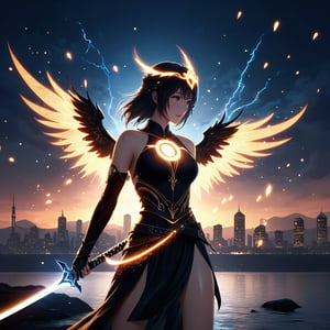 3d blender, 3d graphics unreal 5, final fantasy, realistic, minimalism, woman, Mai, Sakurajima, knight darksoul ,sword wings ghostblade,Sword stuck in chest,raw photo,cityskyline, lighting, intricately detailed,Electric spark, Flying embers, fireflies, cinematic, water effect,Bright circle on head,cinematic,fantastic background,ghost blade art style,fantastic,short,digital art,high detail,high detail skin,real skin,8k, high resolution, high quality, motion blur effect, sexy