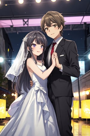 ph mai and sakuta, mai dressed in a beautiful wedding dress
white, Sakuta dressed in a black suit, both holding hands while dancing, both smiling, the background is a beautiful room, the people around see them, the lights in the background are yellow and bright