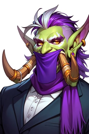 score_9, score_8_up, score_7_up, solo, portrait, blank background,Trolls male,warcraft,green skin,golden eyes,large pointed ears, large nose, fangs,looking to viewer,(tusks,Zul'Jin,very big and long purple mouth mask,very big and long purple scarf,,long purple mouth veil,tusks protrude from the mask,cover the mouth:1.2),(business suit,white shirt,white bow:1.1),big white hair,messy hair,