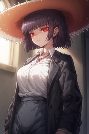  score_9, score_8_up, score_7_up, score_6_up, score_5_up, score_4_up,masterpiece,1 girl,solo,(big black Mexican sombrero,black Mexican 
 hat,:1.4),Dark purple hair,sana sunomiya,sana sunomiya,bangs, red eyes, hime cut, (long hair:0.8)ringed eyes, shirt,Collared shirt ,long sleeves, necklace,Black leather jacket,White shirt,Pointed ears,/aya_phimosis,phimosis,Glowing eyes,Stand under the stained glass of a church,Light passing through colored glass produces the Tyndall effect,in the light,blurry,depth of field, glint,looking at viewer,