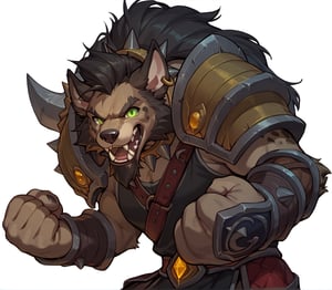 score_9, score_8_up, score_7_up, masterpiece,original,upper body,portrait,(white background,blank white background:1.1),gnoll,furry,male,Hoggerform warcraft,big yellow shoulder pads,Black mane, brown hair, spots,(very long and big bucktooth:1.4), spiked dog collar,black vest armor,make a fist,green eyes,maplestory style,