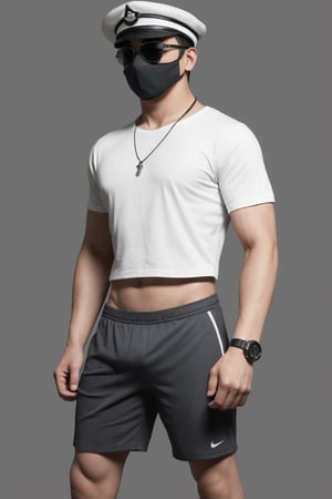 Asian male model, weight 90kg, belly circumference 160cm, chest circumference 120cm, height 170cm, bulging belly, fat body, no muscles, wearing a black peaked cap, black sunglasses, black mask, wearing a watch on the left hand, no jewelry on the right hand, a silver necklace, The shoes are well-known sports shoes. He is wearing a white short-sleeved T-shirt that completely covers his stomach. He is wearing gray shorts that are below the knees. He stands with his hands vertically in the center of the picture. The background of the picture is pure white.