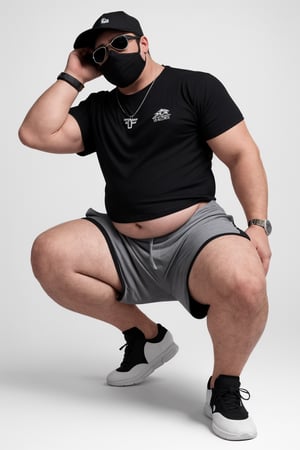 The model is a male, weighing 90kg, with a waist circumference of 160cm, a chest circumference of 120cm, and a height of 170cm. He has a pronounced round belly, overweight build, and lacks muscular definition. He is wearing a black baseball cap, black sunglasses, and a black mask. A watch is on his left hand, and there are no adornments on his right hand. He sports a silver necklace and is wearing well-known brand sports shoes. His attire consists of a gray, loose-fitting short-sleeved T-shirt on the upper body and gray shorts that do not pass the knee on the lower body. Both hands hang by his sides as he stands upright in the center of the image, which has a pure white background.