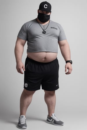 The model is a male, weighing 90kg, with a waist circumference of 160cm, a chest circumference of 120cm, and a height of 170cm. He has a pronounced round belly, overweight build, and lacks muscular definition. He is wearing a black baseball cap, and a black mask. A watch is on his left hand, and there are no adornments on his right hand. He sports a silver necklace and is wearing well-known brand sports shoes. His attire consists of a gray, loose-fitting short-sleeved T-shirt on the upper body and gray shorts that do not pass the knee on the lower body. Both hands hang by his sides as he stands upright in the center of the image, which has a pure white background.,photorealistic