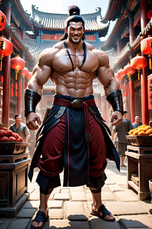 looking at viewer,laughing,multiple man,black hair,full body ,huge muscular,strong figure,Standing in an ancient Chinese market,hyper-realistic style, composition with perspective, cinematic lighting, rich colors, high definition, HDR, UHD,masterpiece, best quality, official art, extremely detailed CG unity 8k wallpaper, highly detailed