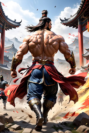 Zhang Fei during the Three Kingdoms period,solo,dynamic pose:1.3,((back view)),(((running))),full body ,huge muscular,strong figure,bodybuilder,hyper-realistic style, composition with perspective, cinematic lighting, rich colors, high definition, HDR, UHD,masterpiece, best quality, official art, extremely detailed CG unity 8k wallpaper, highly detailed