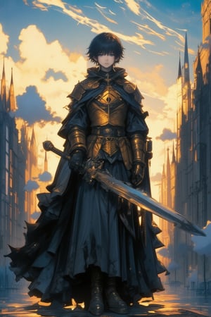 Knight,short hair,brunette,solo, blue eyes,castle on background, black hair, gloves,men, full body, weapon, male focus, boots, sword, cape, holding weapon,golden armor, holding sword,sunlight,determined look, high quality,high resolution,anime style,masterpiece,reflection sword,score_9, score_8_up, score_7_up,elegant beauty,cinematic style