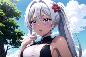 neko,solo, long hair, blush, open mouth, bangs, hair ornament, hair between eyes, bare shoulders, blue hair, purple eyes, upper body, flower, cyan hair, sidelocks, outdoors, parted lips,sky, sleeveless, day, cloud, hair flower, dark skin, :o, dark-skinned female, blue sky, parody, red flower, tribal