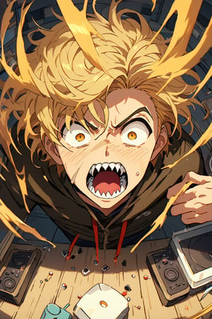 Boy,scream,dentata,sharp teeth,blonde,short hair,crazy,madness,room,play console,sit on floor,sticking hair,source_anime,score_7_up,score_8_up,score_9, (masterpiece),(High quality),(High resolution),(high detailed),BREAK,overhead view