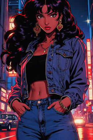 A stunning anime-inspired masterpiece! A young woman with dark skin and striking black hair styled in long locks, adorned with jewelry and donning a fitted jacket. Her eyes sparkle under the city night's twinkling lights as she poses confidently, hands tucked into her high-waisted denim jeans. Retro anime flair shines through in her bold lipstick and vibrant earrings. In the background, a sleek motor vehicle glows under the streetlights, adding to the edgy urban atmosphere. High-resolution details await in this captivating cityscape.