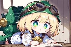 big bolter on table, little girl, green helmet, white dress, dirty, cute face,goggles, impressive face, 😯, see bolter,hands on table,green eyes,beautiful eyes, blonde, high detailed, high quality, high resolution, masterpiece