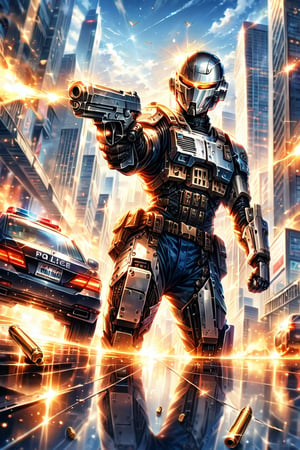 RoboCop 1987,chrome,hold pistol,city,casings,bullets,shooting,hits,reflections,sky,serious face,police car,high detailed,high resolution,masterpiece