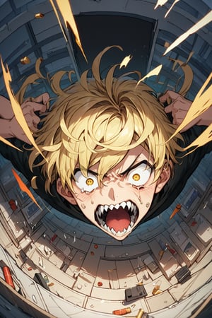 Boy,scream,dentata,sharp teeth,blonde,short hair,crazy,madness,room,hold gamepad,cartridges on floor,sticking hair,source_anime,score_7_up,score_8_up,score_9, (masterpiece),(High quality),(High resolution),(Very detailed),BREAK,overhead view