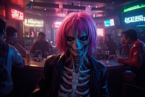 Close-up shot of an Anime girl with short, bright pink hair and piercing blue eyes, lifting her shirt to reveal a skeletal body beneath. The dimly lit night club setting, complete with flashing LED lights and pulsating music, creates a surreal atmosphere. In the background, a group of men at the bar react in shock and awe as they take in this otherworldly sight.