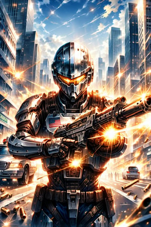 RoboCop 1987,chrome,hold pistol,city,casings,bullets,shooting,hits,reflections,sky,serious face,police car,high detailed,high resolution,masterpiece