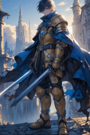 Knight,short hair,brunette,solo, blue eyes,castle on background, black hair, gloves,men, full body, weapon, male focus, boots, sword, cape, holding weapon,golden armor, holding sword,sunlight,determined look, high quality,high resolution,anime style,masterpiece,reflection sword,score_9, score_8_up, score_7_up,elegant beauty,cinematic style