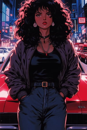 1girl, solo, black hair,long hairs,curly hair, jewelry, jacket, earrings, pants, denim, lipstick, motor vehicle, jeans, hands in pockets,Anime style,retro anime,high resolution,high quality,masterpiece,dark skin,city,night