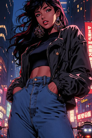 A stunning anime-inspired masterpiece! A young woman with dark skin and striking black hair styled in long locks, adorned with jewelry and donning a fitted jacket. Her eyes sparkle under the city night's twinkling lights as she poses confidently, hands tucked into her high-waisted denim jeans. Retro anime flair shines through in her bold lipstick and vibrant earrings. In the background, a sleek motor vehicle glows under the streetlights, adding to the edgy urban atmosphere. High-resolution details await in this captivating cityscape.