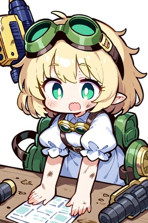 big bolter on table, little girl, green helmet, white dress, dirty, cute face,goggles, impressive face, 😯, see bolter,hands on table,green eyes,beautiful eyes, blonde, high detailed, high quality, high resolution, masterpiece