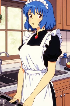 Maid,kitchen,stand,short hair, blue hair,retro anime, Urashihara Satoshi style,high resolution, high quality, hight detailed