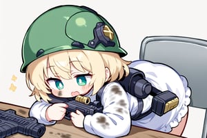 Bolter on table, little girl, green helmet, white dress, dirty, cute face, impressive face, 😯, see bolter, touch bolter, green eyes,beautiful eyes, blonde, high detailed, high quality, high resolution, masterpiece