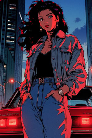 1girl, solo, black hair,long hairs, jewelry, jacket, earrings, pants, denim, lipstick, motor vehicle, jeans, hands in pockets,Anime style,retro anime,high resolution,high quality,masterpiece,dark skin,city,night