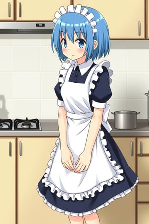 Maid,kitchen,stand,short hair, blue hair,retro anime, Urashihara Satoshi style,high resolution, high quality, hight detailed