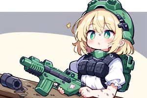 Bolter on table, little girl, green helmet, white dress, dirty, cute face, impressive face, 😯, see bolter, touch bolter, green eyes,beautiful eyes, blonde, high detailed, high quality, high resolution, masterpiece