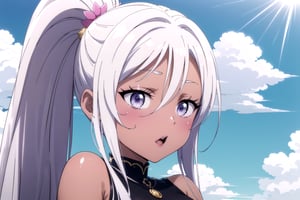 subl, solo, long hair, blush, open mouth, bangs, hair ornament, hair between eyes, bare shoulders, blue hair, purple eyes, upper body, flower, cyan hair, sidelocks, outdoors, parted lips, neko, sky, sleeveless, day, cloud, hair flower, dark skin, :o, dark-skinned female, blue sky, parody, red flower, tribal