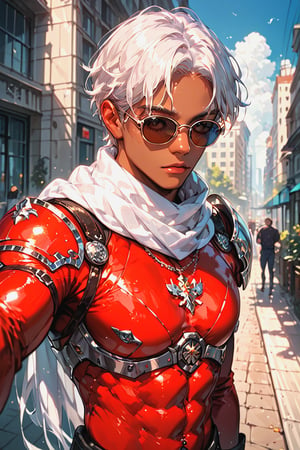 Selfie,muscular men,red bodysuit,tight bodysuit,white hair,middle hair,sunglasses,dark skin,white scarf,cheer,sunlight,city,armored shoulders,high resolution, high quality, high detailed, masterpiece,score_9, score_8, score_7, score_7_up, score_8_up