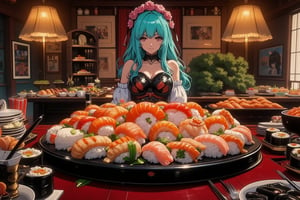 score_9, score_8_up, score_7_up, comicbookpage style, ek_an1_b00ster, Cinematic style. Elegant beauty.food,sushi,rolls,table,anime style,high quality, high resolution,masterpiece