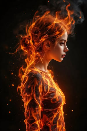 1 girl, (fire element:1.1),It consists of fire element,fire,transparency,burning,(molten rock),llama skin,Frame print,burning hair,smoke,cloud,chopped,,girl engulfed in flames, Flames fly and sparks scatter,mano burning,translucent luminescence,(( clothes made by fire)),FireBurn