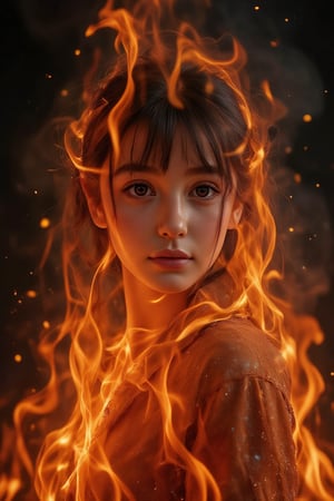 1 girl, (fire element:1.1),It consists of fire element,fire,transparency,burning,(molten rock),llama skin,Frame print,burning hair,smoke,cloud,chopped,,girl engulfed in flames, Flames fly and sparks scatter,mano burning,translucent luminescence,(( clothes made by fire)),FireBurn