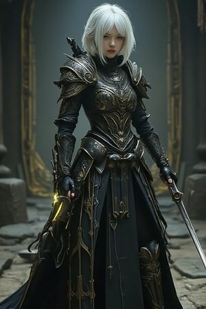 1girl, solo, young girl, an assassin, wearing light armor, black and gold armor, black gloves, black long boots, ancient chinese armor, short hair, bob hair, side parted hair, white hair, pale skin, weapon, dual daggers, yellow eyes, full body, battle_stance, glowing armor, in the dungeon,35mm photo,Realistic photography,beauty_asian