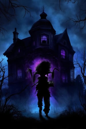 A Haunted Victorian Silhouette of a child, where the essence is captured in stark black against a backdrop of a dilapidated Victorian mansion. Hints of eerie purple and blue emanate from within the silhouette, suggesting a haunting presence,ABMhauntedVibe,vintage horror illustration 