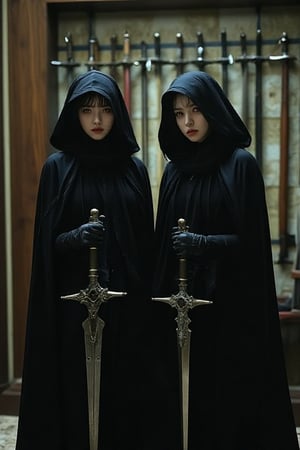 Blend into background, They are two women in a room with multiple weapon in rack, twins, they wearing long black cloak and hood, holding weapon, holding daggers, the have yellow eyes, standing side by side, looking at viewers, sharp focus, perfect body, proportional body,35mm photo,Realistic photography,beauty_asian