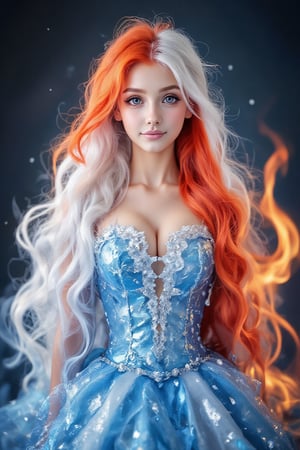 1 girl, wearing fire and ice dress, she has white and red hair, multicolor_hair, she wearing frozen ice tiara, flame on her right side and frozen in her left side, smile, perfect body proportion,IceElement,FireBurn