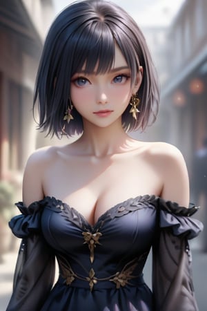 ompt
(Masterpice: 1.1), ((very detailed face)), ((very detailed eyes and face)), beautiful detail eyes, body parts__, super detailed, (best quality: 1.1), super fine photo, (realistic, photorealustic : 1.2), full body portrait, 1girl, solo, breasts, looking_at_viewer, blush, short_hair, bangs, blue_eyes, large_breasts, black_hair, long_sleeves, dress, cleavage, hair_between_eyes, jewelry, closed_mouth, collarbone, jacket, earrings, huge_breasts, black_dress, fubuki \(one-punch man\), pale_skin, realistic skin details, clear focus, 16k,niji5,extremely detailed