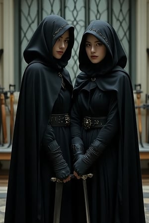 Blend into background, They are two women in a room with multiple weapon in rack, twins, they wearing long black cloak and hood, holding weapon, holding daggers, the have yellow eyes, standing side by side, looking at viewers, sharp focus, perfect body, proportional body,35mm photo,Realistic photography,beauty_asian