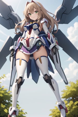 masterpiece,(1girl), (mecha_armor), smile,looking at viewer, ((mecha skirt)), mecha wings, long blonde hair,dropping green eyes, dynamic angle, basic_background,mechanical,metal,mecha_musume,poakl