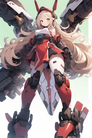 masterpiece,(1girl), (mecha_armor), smile, (massive mecha arms), (massive mecha legs), mecha skirt, mecha wings, long blonde hair,dropping green eyes, dynamic angle, basic_background,