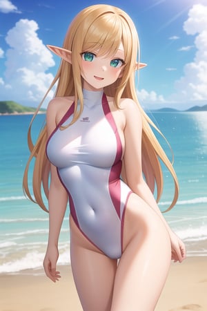 ((masterpiece, best quality)),((masterpiece)), ((best quality)), (ultra-detailed), ((kawaii)), cute, (lovely), ((extremely detailed)),best quality, (beautiful), a cute girl, 1girl, solo, ((elf )),beautiful blond hair, beautiful green eyes, ((beautiful eyes)), long hair, smile, (swimsuit), seaside,