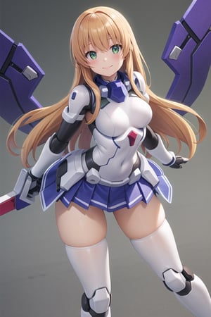 masterpiece,(1girl), mecha_armor, smile,looking at viewer, ((mecha skirt)), mecha wings, (long blonde hair), dropping green eyes, dynamic angle, 
cyberspace_background, weapon girl, mechaloli,