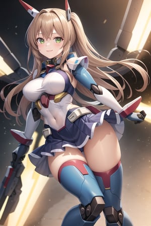 masterpiece,(1girl), (angular mecha_armor), smile,looking at viewer, ((mecha skirt)), mecha wings, long blonde hair,dropping green eyes, dynamic angle, 
basic_background,mechanical,metal,mecha_musume,poakl