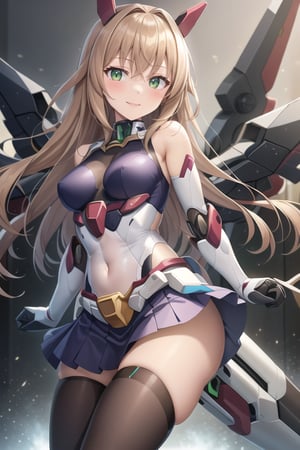 masterpiece,(1girl), (angular mecha_armor), smile,looking at viewer, ((mecha skirt)), mecha wings, long blonde hair,dropping green eyes, dynamic angle, 
basic_background,mechanical,metal,mecha_musume,poakl