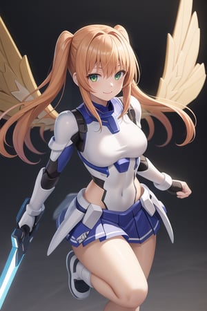 masterpiece,(1girl), mecha_armor, smile,looking at viewer, ((mecha skirt)), mecha wings, (long blonde hair), dropping green eyes, dynamic angle, 
cyberspace_background, weapon girl, mechaloli,